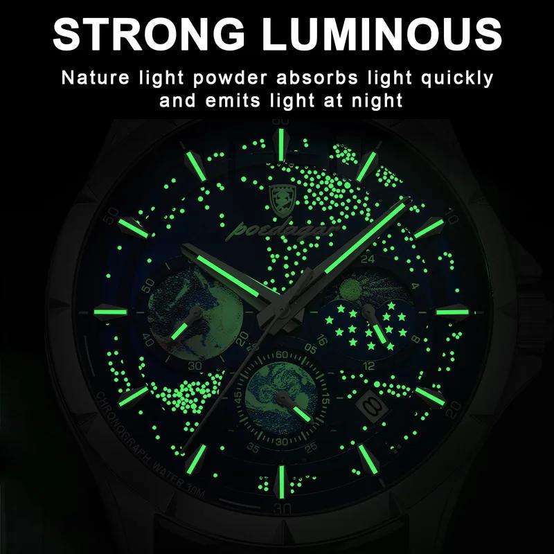 POEDAGAR Luxusní pánské náramkové hodinky Luminiscenční Vodotěsné Chronograf Datum Pánské hodinky Nerezová ocel/Kožený řemínek Pánské křemenné hodinky