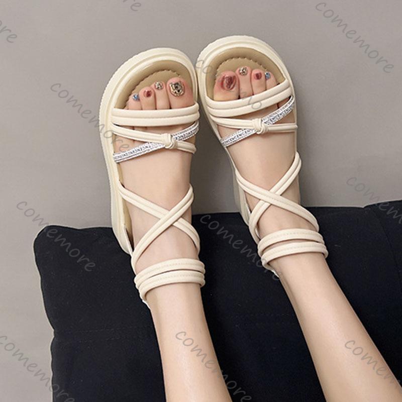 Fashion Comemore Summer New Fashion Rhinestone Flat Bottom Sandals Roman Style Cove Heel Outdoor Sandales Casual Cross Strap Women Shoes