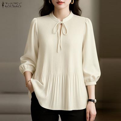 Women Casual Stand Collar 3/4 Sleeve Loose Blouse