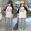 Girls' Short Sleeved Summer New Style Slimming Color Blocked Medium and Large Children's Stylish T-shirt Fashionable Pure Cotton Top