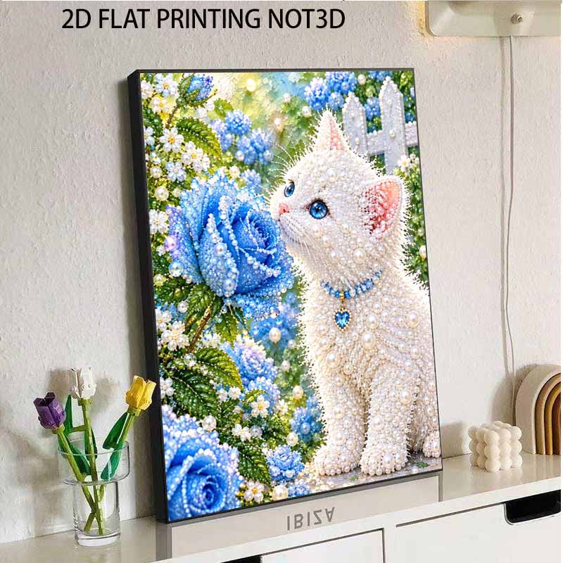 Creative Pearl Art on Stretched Frame Cute White Cat and Blue Rose Pattern DIY Sparkling Bead Canvas Relaxing Handmade Craft Gift for Kids