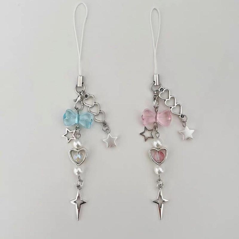 Fashionable Keychain with Bead Phone Charm Unique Bowknot Keychain Vibrant Beaded Pendant for Cellphone