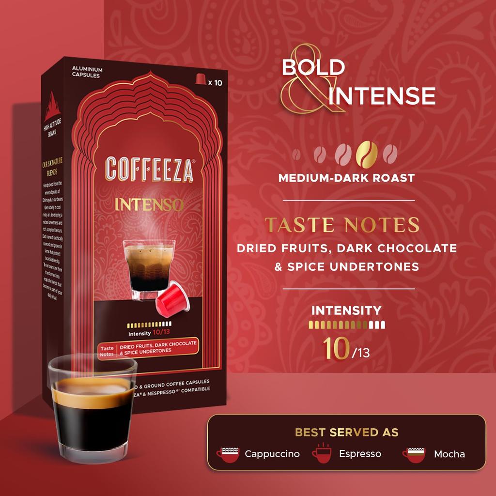 Coffeeza Intenso Aluminium Coffee Capsules, Intensity - 10, Nespresso Compatible Coffee Pods | Box of 1 (10 Capsules) | Brew Cold/Hot