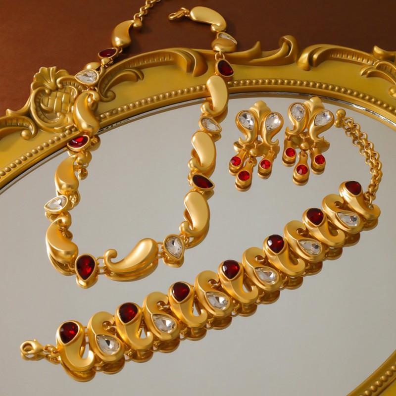 Vintage Medieval Jewelry Court Style Antique Geometric Classic Plated 18k Real Gold With Gemstones Necklace Bracelet Earrings