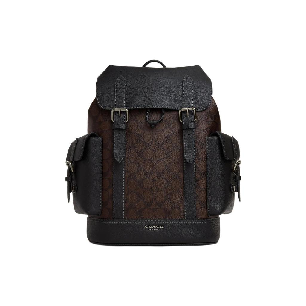 Coach Hudson 30 Large Capacity Flap Drawstring Closure Coated Canvas And Leather Backpack Men Backpack Brown Black CB839-QBMAH