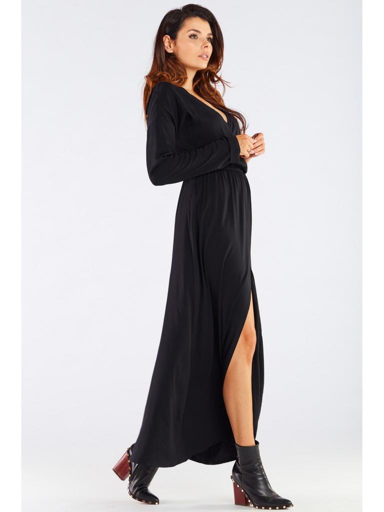 Viscose Maxi Dress with Envelope Neckline, Black XL
