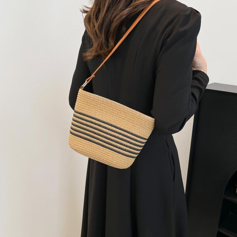Fashion Versatile Woven Summer Seaside Bucket Bag Women's Leisure Personality Niche Design Striped Beach Messenger Bag