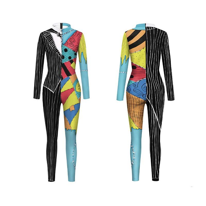 Women's Fashion Boho Halloween Print Long Sleeve Slim Costumes Zipper Jumpsuit