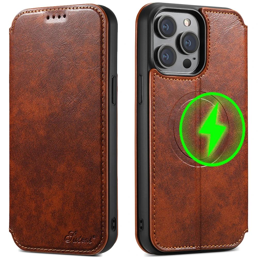 Wireless Charging Leather Wallet Cards Solt Case for IPhone 14 Pro Max 14Plus 15 13 12 for Magsafe Kickstand Magnetic Bag Cover