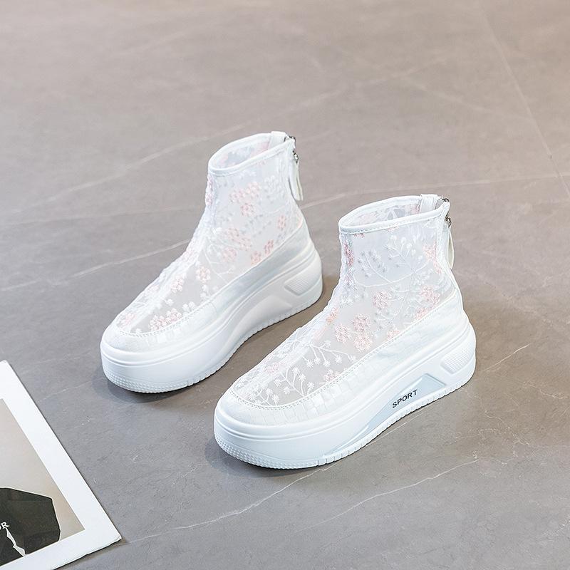 Fashion High Quality 6CM Air Mesh Lace Women Boots Platform Sandals Women Summer Shoes Breathable Zip Women Ankle Boots Spring Fashion