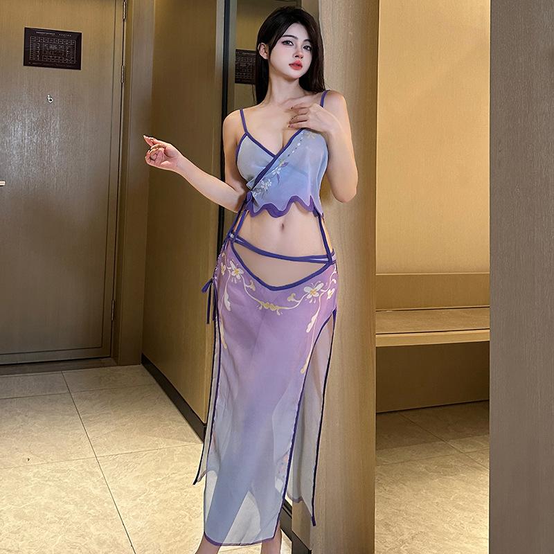 New sexy mesh see-through suit, high-waisted women's pants, hollowed-out retro suspenders, sexy Hanfu underwear