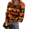 Women's Slim Fit Long Sleeve Pullover Top Halloween Print Round Neck Shirt with Thumb Hole Cuffs Stretchy Casual Tee