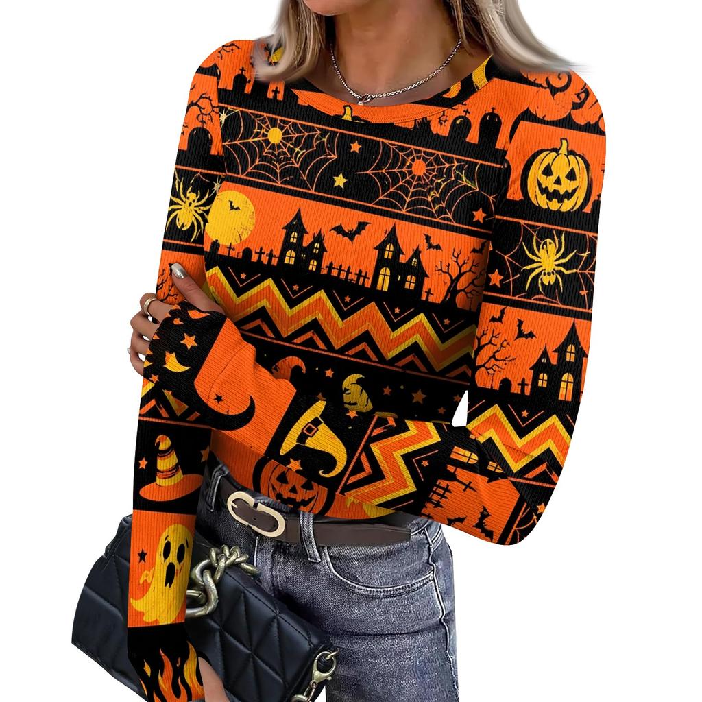 Women's Slim Fit Long Sleeve Pullover Top Halloween Print Round Neck Shirt with Thumb Hole Cuffs Stretchy Casual Tee