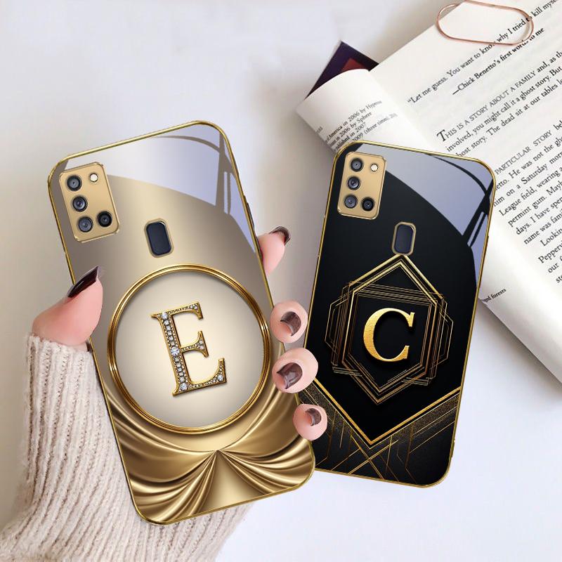 Gorgeous letter gold "R" For Samsung A 31 32 A33 A34 35 14 A15 13 16 25 26 50 52 53 54 55 56 70 71 72 73 Golden glass phone case