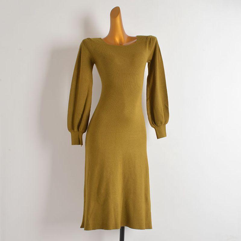 

French Simplicity New Arrival Square Collar Lantern Sleeve Knitting Dress Women s Clothing Fall Slim Fit Slim Looking Sheath A- line Skirt Figure Color All yards