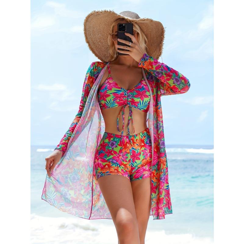 Women's Geometric Print Drawstring Crop Top & High Waist Shorts With Kimono 3-Piece Swimsuit