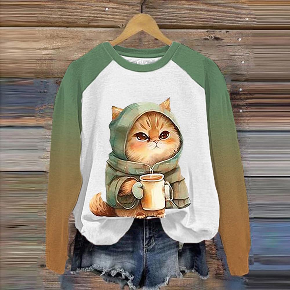 Wiosenne i jesienne bluzki damskie z okrągłym dekoltem, z uroczym wzorem kota drukowanym w 3D, modne i codzienne, z długim rękawem