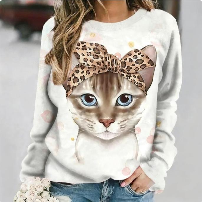 Spring and Autumn Round Neck Cute Cat Pattern 3D Printed Top Fashionable Casual Long Sleeved Women's T-shirts