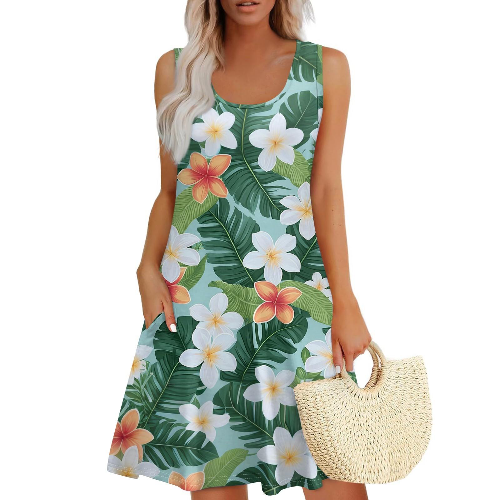 

Женское летнее повседневное платье с U-образным вырезом и цветочным принтом, платье без рукавов с карманами XXXL