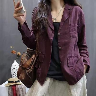 Spring Summer Hemp Jacket Women Long Sleeves Breasted Breathable Coat Casual Outwear