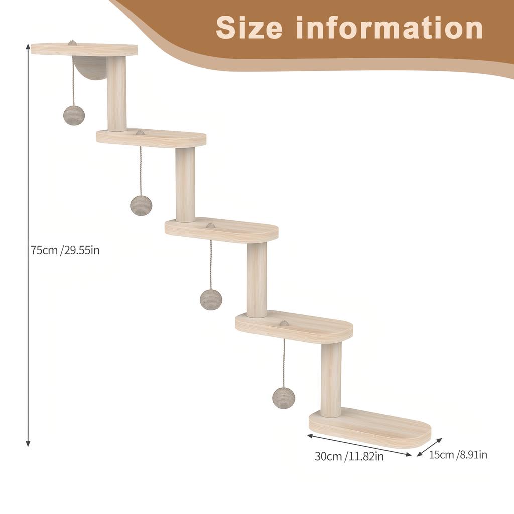 Estrutura de Escada de Gato de 5 Degraus Montada na Parede Prateleira de Escalada de Madeira Arranhador de Sisal para Gatos Montagem DIY Carga de 12kg para Brincar Dormir Escalar
