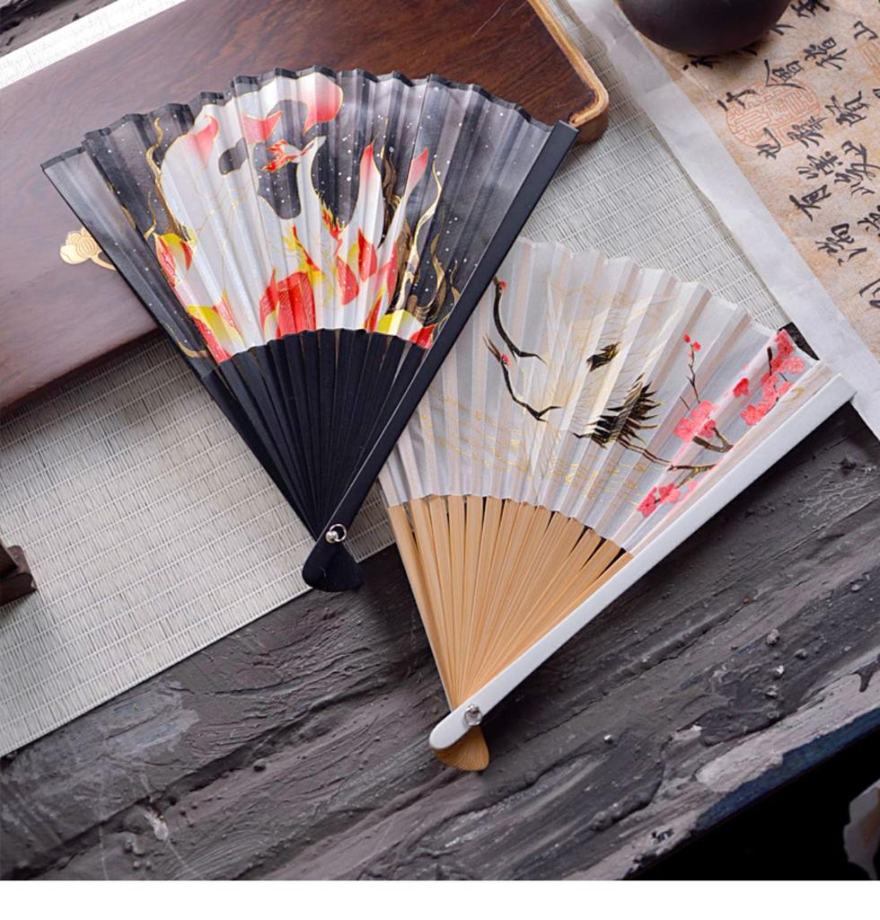 Antique Folding Fan, Nine Tailed Fox, Fairy Crane, Carrying Summer Hanfu for Men and Women, 7 "Full Bamboo Folding Fan