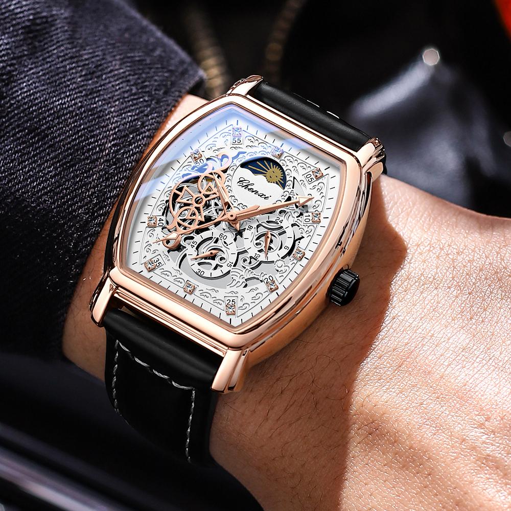 Chenxi Retro Hollow Skeleton Mens Automatic Mechanical Watch Waterproof Moon Phase Tourbillon Watches Luxury Tonneau Business Wristwatch