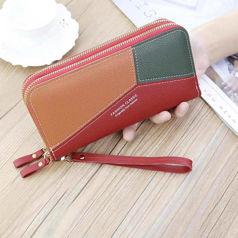 Damen-Doppelreißverschluss-Geldbörse Große Kapazität Mehrere Kartenfächer PU-Leder Handtasche Farbblockierung Kontrastierende Farbe Lange Geldbörse Null-Geldbeutel