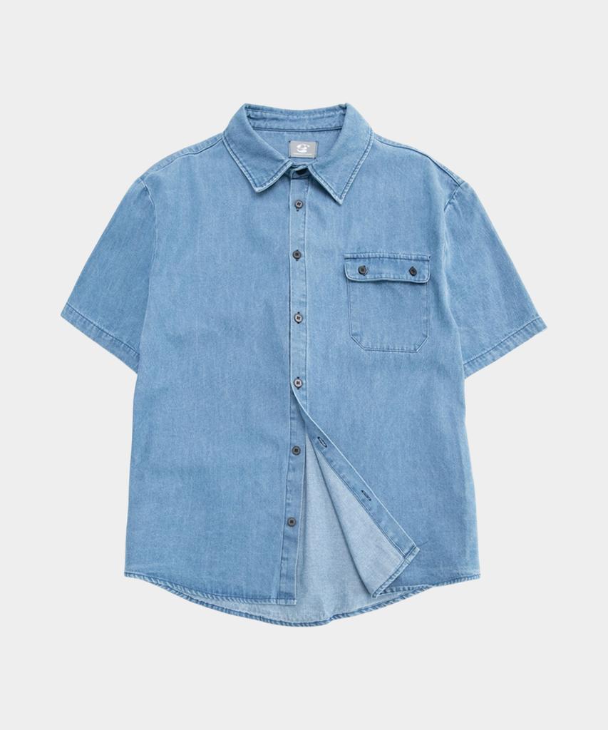 SOMEPLACE MAN Washed Denim One Pocket Snap Short Sleeve Collar Loose Oversized Half Shirt [Light Blue]