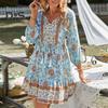 Damen-Boho-Kleid mit Blumenmuster, lässig, langärmelig, fließend, kurzes Kleid, lockerer V-Ausschnitt, Knopfleiste, A-Linien-Kleid, Mini-Strand-Sommerkleid