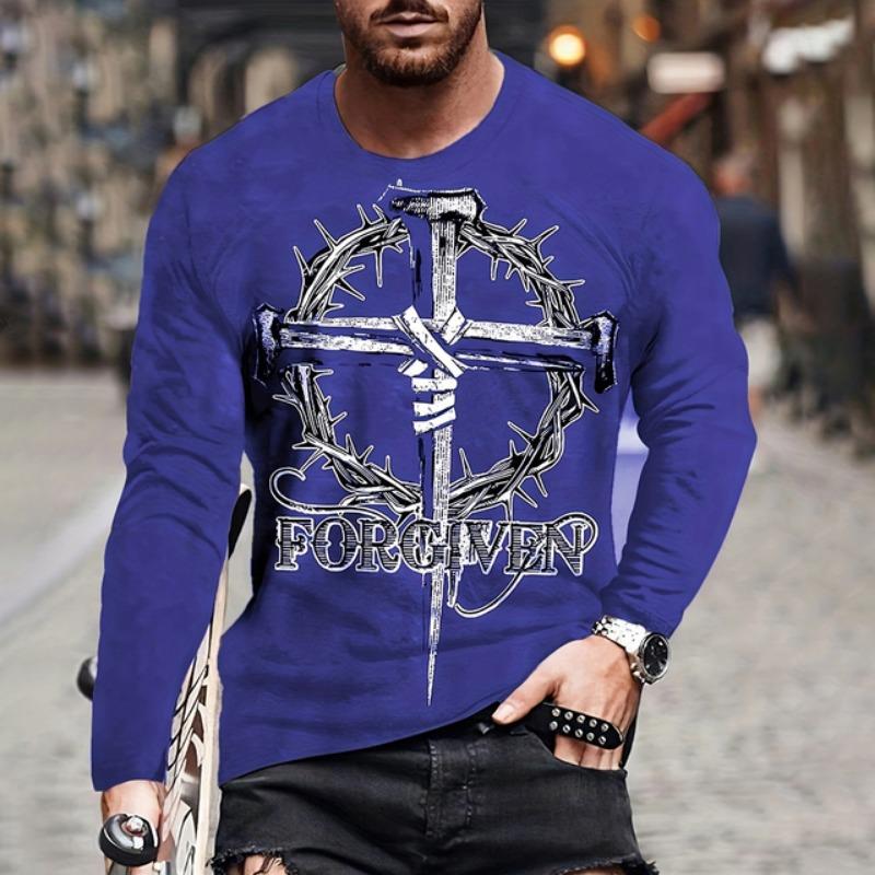 Mens T Shirt Autumn Long Sleeve Top Lion Pattern Clothing Casual O Neck Oversized Cross Print Pullover Autumn Mens T Shirt