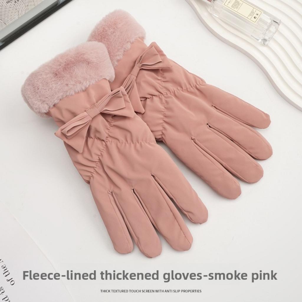 Winter Warm Gloves Touch Screen Women's Thick Cotton Down Riding Cute and Windproof Skiing Gloves with Velvet