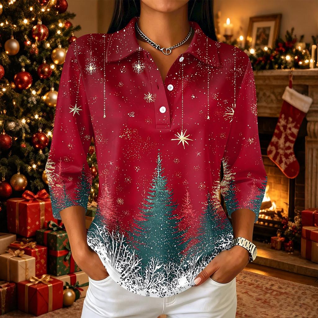 Women's Casual Christmas Print Button-Up Three-Quarter Sleeve Lapel Top