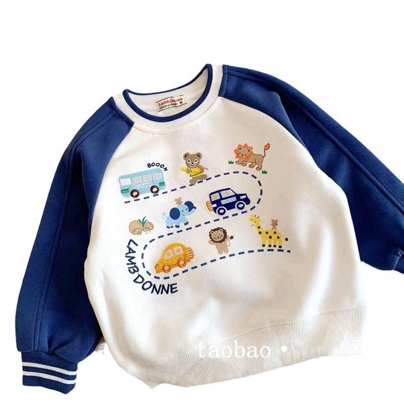 Boys Spring Autumn Block Hooded Sweatshirt with Car Track Print Long Sleeve Top