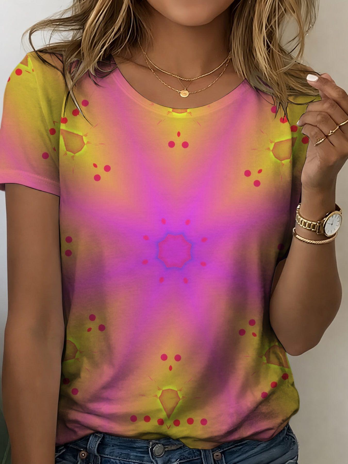Women s gradient T-shirt, geometric 3D print, regular fit, suitable for all seasons. XXS