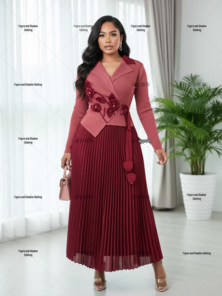 Miyaki Plus Size Pleated Long-Sleeve Dress - Slimming Middle Eastern Style with Faux Two-Piece Design