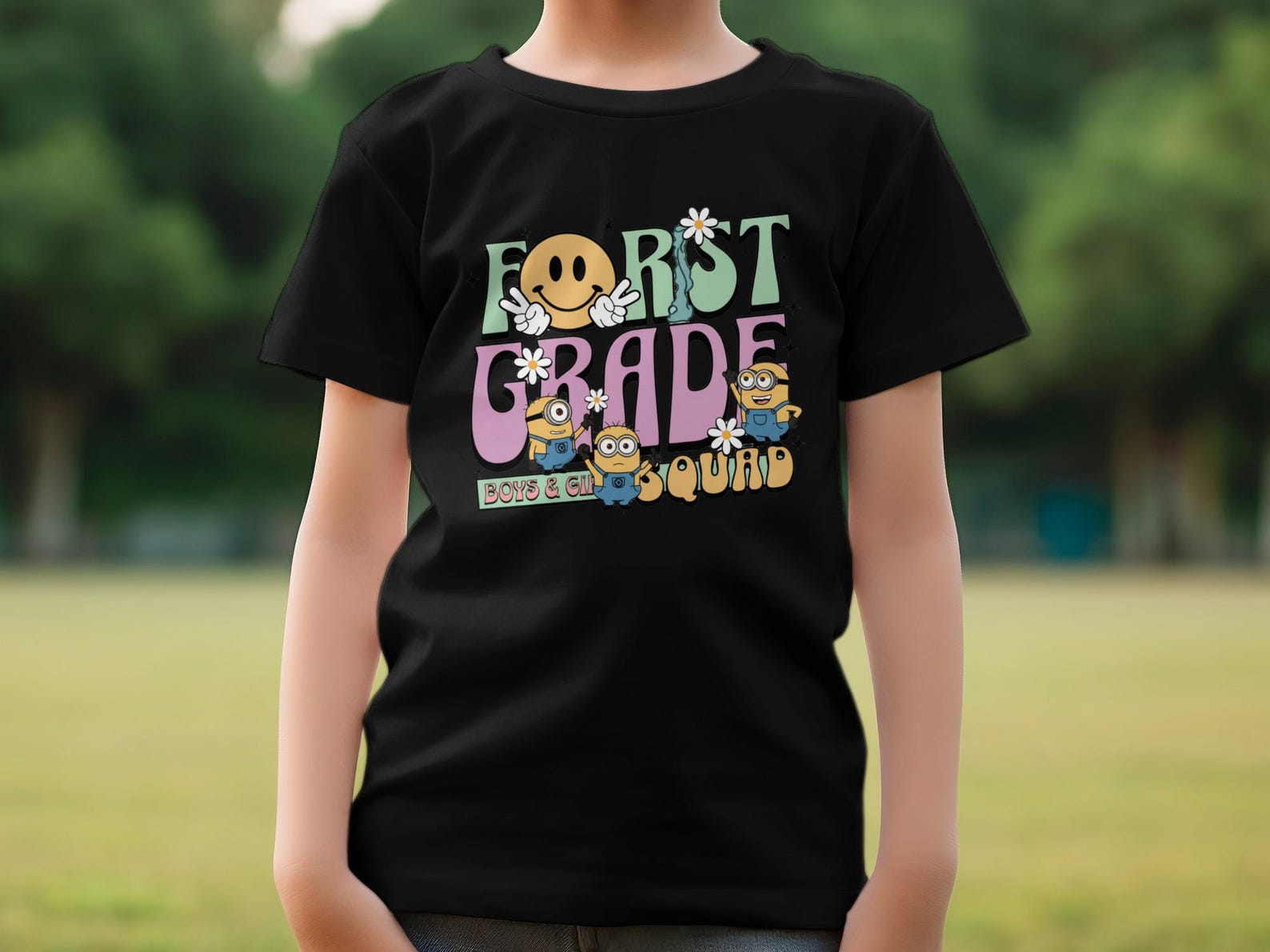 Retro Minions First Grade Squad T-Shirt, Groovy Peace Sign Daisy Tee 2XL