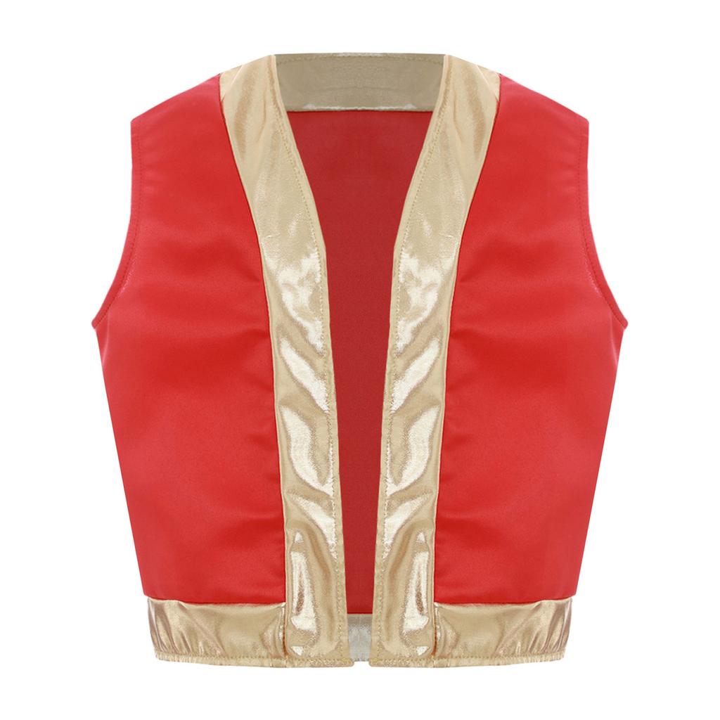 Boys Arab Prince Cosplay Costume 2Pcs: Loose Vest & Metallic Shiny Patchwork Bloomers Harem Pants Outfit for Halloween Party