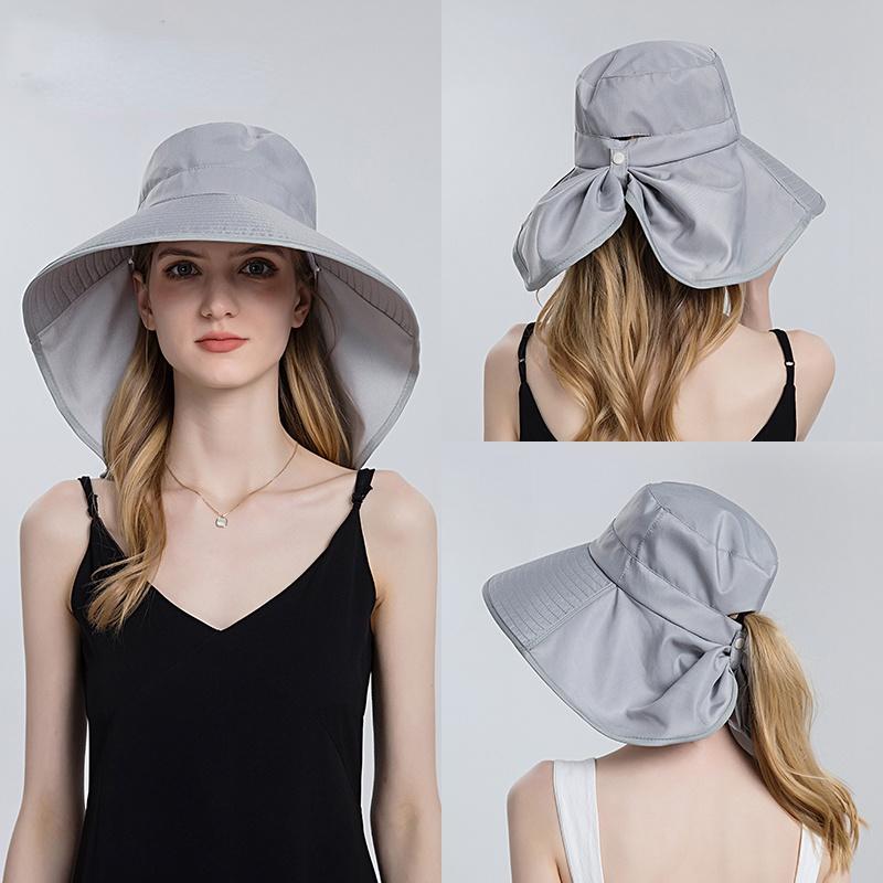 Women Snap Fastener Big Brim Hat Protection Visors Bucket Hat Sunscreen Fisherman Hats Outdoors Fishing Cap Ponytail Sun Hat