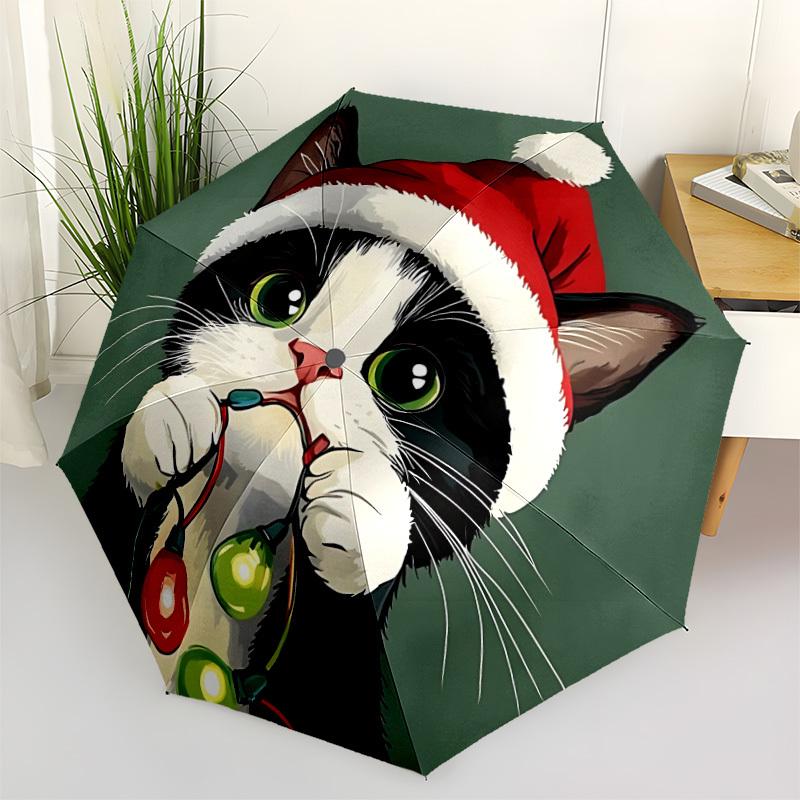 1pc Christmas Cat Automatic Open/Close Umbrella - Compact Travel Umbrella, 8-Rib Heavy-Duty Construction, Ideal Gift, Outdoor Accessory, Sty
