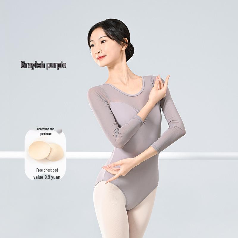 Adult Ballet Dance Exam Costume with Mesh Splicing, Yoga Long Sleeve, High Hip Design.