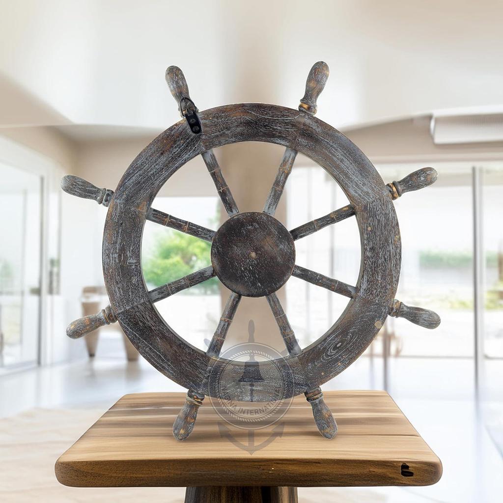 Frosty Antique Junkyard Crafted Wooden Ship Wheel | Anchor Motiff | Pirate's Home Wall Decor | Nagina International (24 Inches)