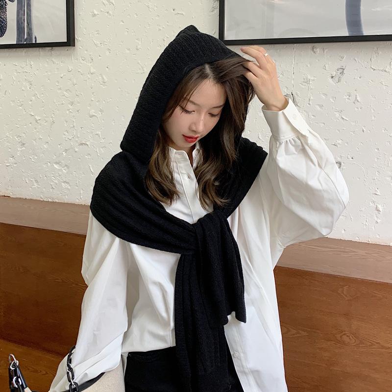 Korean Style Knitted Shawl Scarf Hat Combo - Women's Solid Color Autumn/Winter Cape