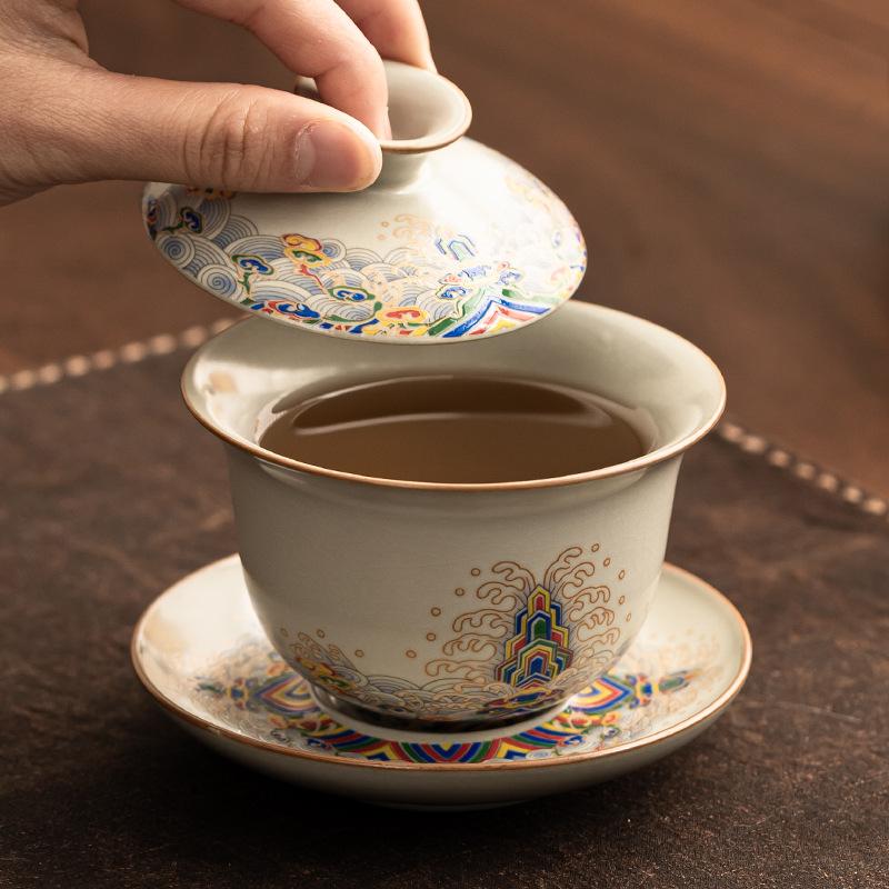 Bol cu capac Ru Kiln Sancai Bol de ceai ceramic chinezesc de înaltă calitate Set de ceai Kung Fu Bol cu capac Ceașcă Articole de ceai individuale de lux ușor