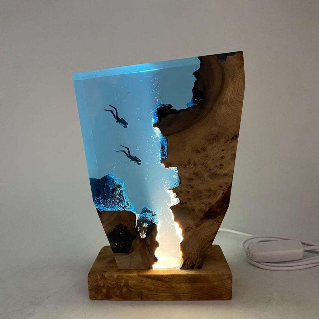Ocean Diver Epoxy Resin Art Sculpture featuring LED Night Light Undersea Scene Desk Lamp Handmade Collectible Decor and Ambient Light