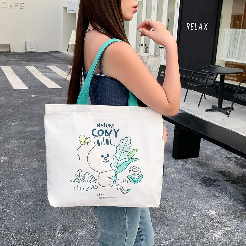 Cute genuine brown bear canvas bag women's new large-capacity zipper student shoulder bag tutoring bag