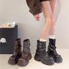 Shoes for Women New Mid-Calf Boots 10CM High Platform Modern Boots Belt Buckle Punk Shoes Female Leather Motorcycle Boots