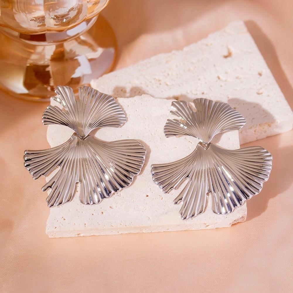 Metal Big Plant Earrings Silver/Gold Leaves Ear Studs Personality Metal Ginkgo Leaf Earrings  Girls