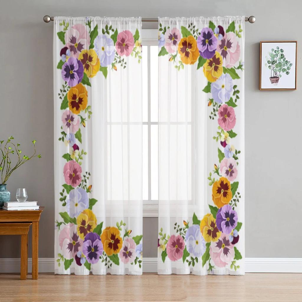 Barevné květy macešky Tyl Průsvitné okenní závěsy do obývacího pokoje do ložnice moderní šifonové voálové závěsy látkové závěsy
