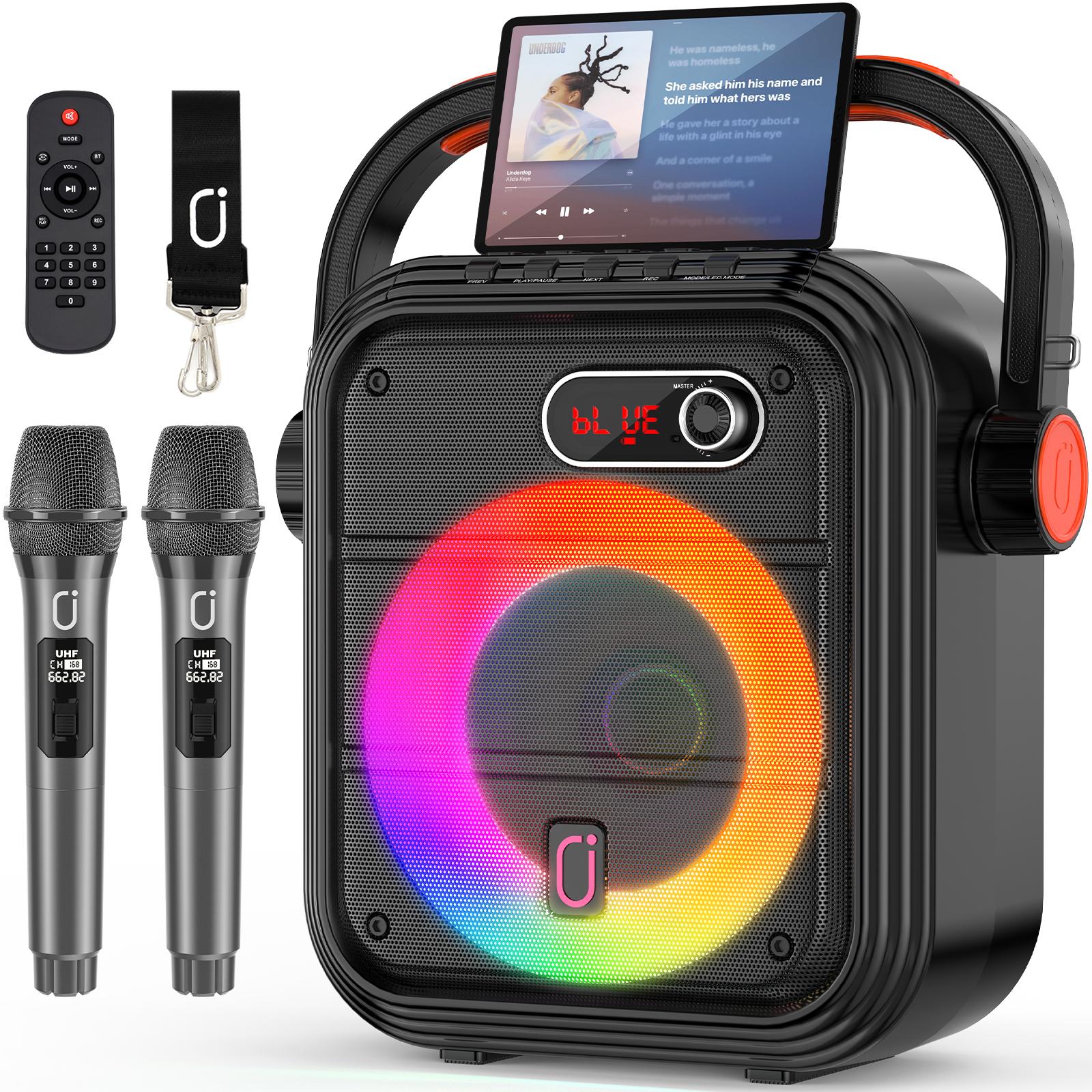 

Караоке-машина с 2 беспроводными микрофонами, PA-система с RGB-подсветкой и регулировкой высоких/низких частот, Bluetooth-динамик с поддержкой прямой трансляции/мониторинга/звуковых эффектов